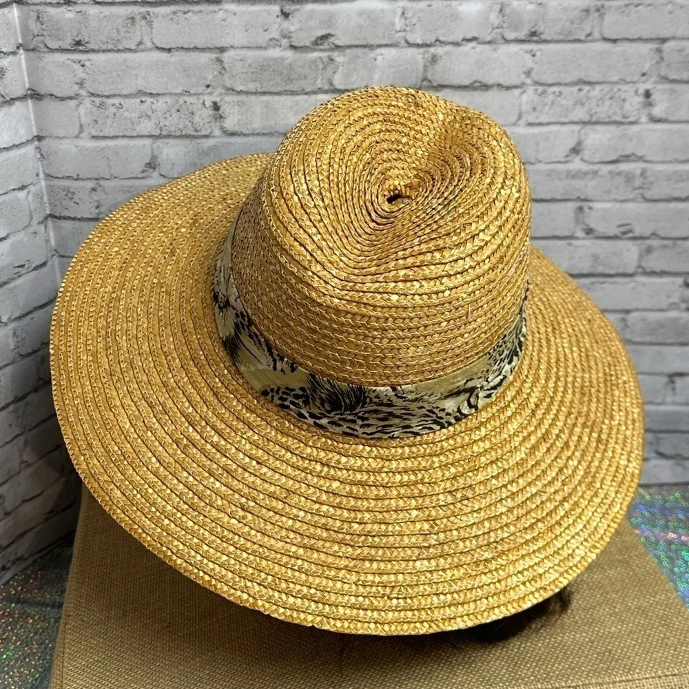 Womens Tan Straw Sun Hat Animal Print Accent Band Pearl Stick Pin Wide Brim Hat